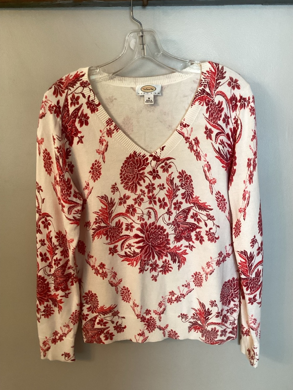 TALBOTS VINTAGE MP CREAM COTTON SILK V NECK SWEATER WITH RED TOILE PRINT